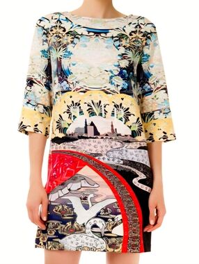 MARY KATRANZOU "Eve Swan Village" Print Bracelet Sleeve Shift Dress 4